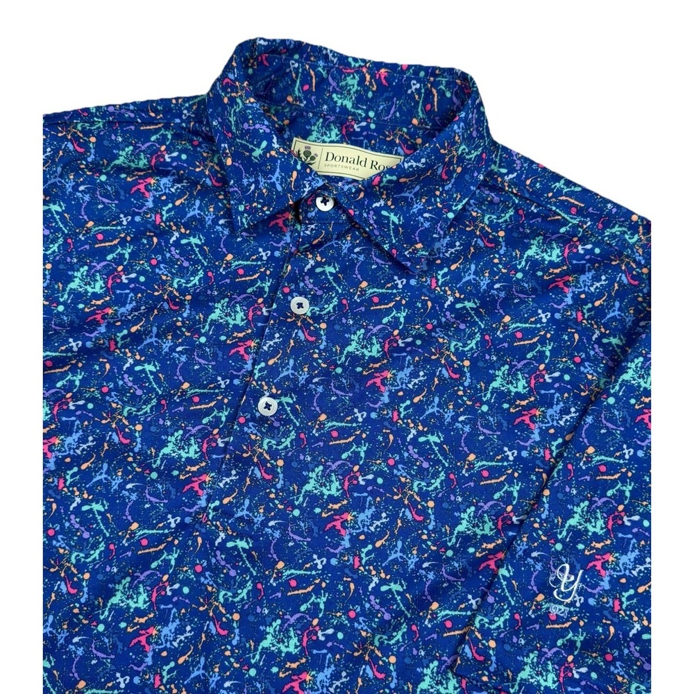 Donald Ross Polo Shirt Mens Small Blue Paint Splatter Abstract Logo Performance